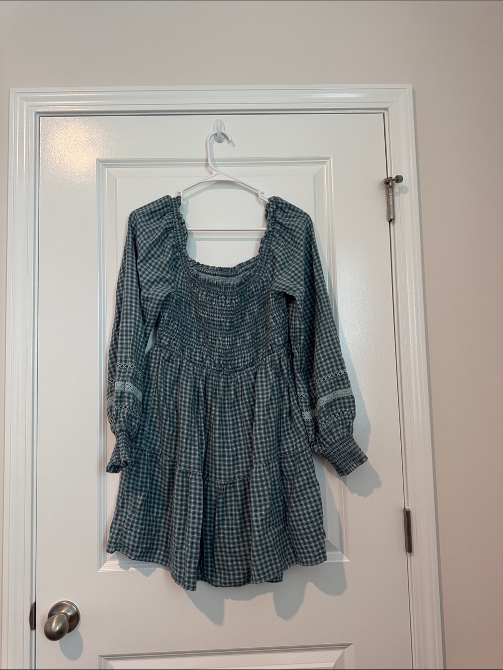 American Eagle Outfitters Teal Gingham Smocked Mini Dress